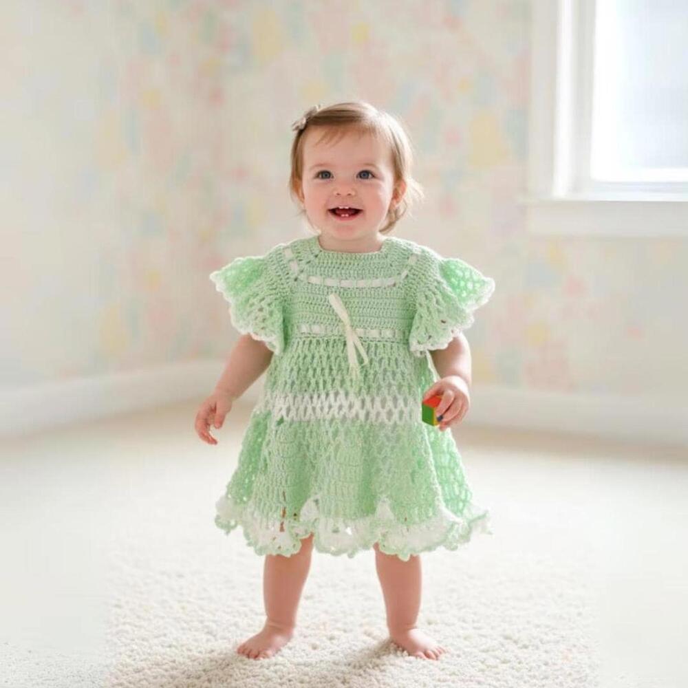 Crochet Green Baby Dress, Mint and White Knit Baby Girl Outfit, Handmade